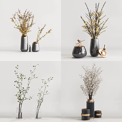 Modern Ceramic Vases With Yellow Twigs White Blossoms And Gold Accents 3d model