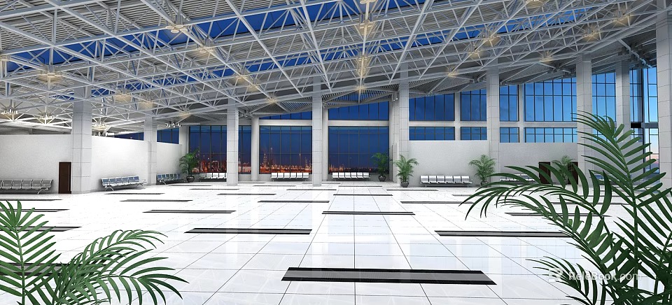 Spacious Hotel Lobby With High Ceiling Large Windows Night View Green Plants And White Floor 3d model 