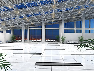 Spacious Hotel Lobby With High Ceiling Large Windows Night View Green Plants And White Floor 3d model