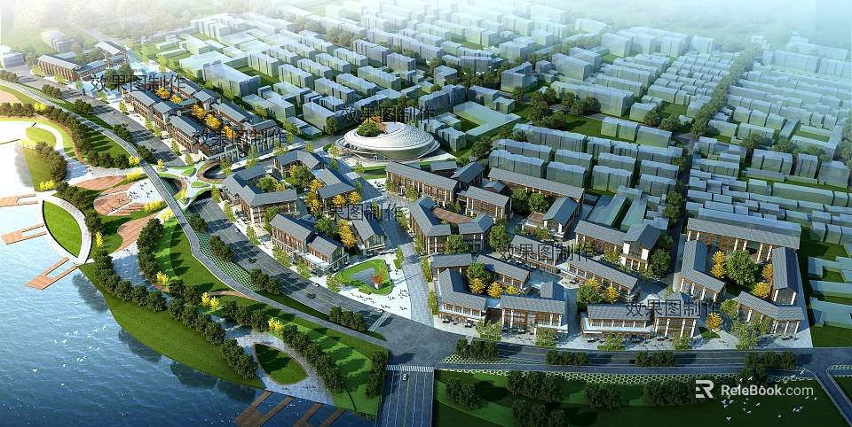 Modern Commercial Street Layout With Various Buildings Green Landscapes And Tree Lined Roads 3d model 