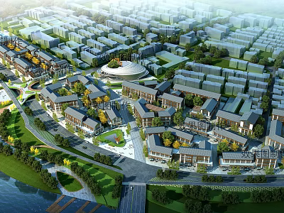 Modern Commercial Street Layout With Various Buildings Green Landscapes And Tree Lined Roads 3d model