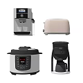 Modern Kitchen Appliances Including Coffee Machine Toaster Pressure Cooker And Blender