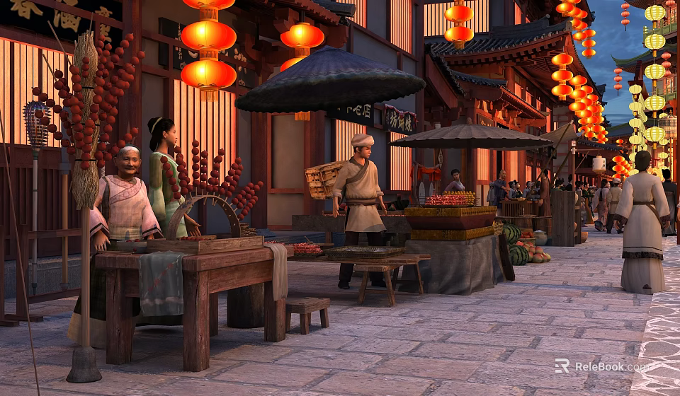 Ancient Architecture In Traditional Chinese Street With Red Lanterns Wooden Stalls And Pedestrians 3d model 