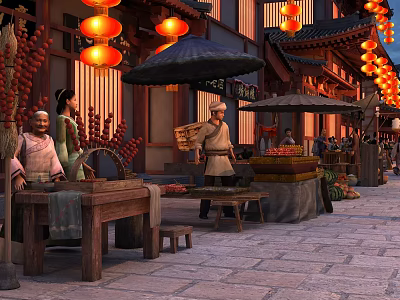 Ancient Architecture In Traditional Chinese Street With Red Lanterns Wooden Stalls And Pedestrians 3d model