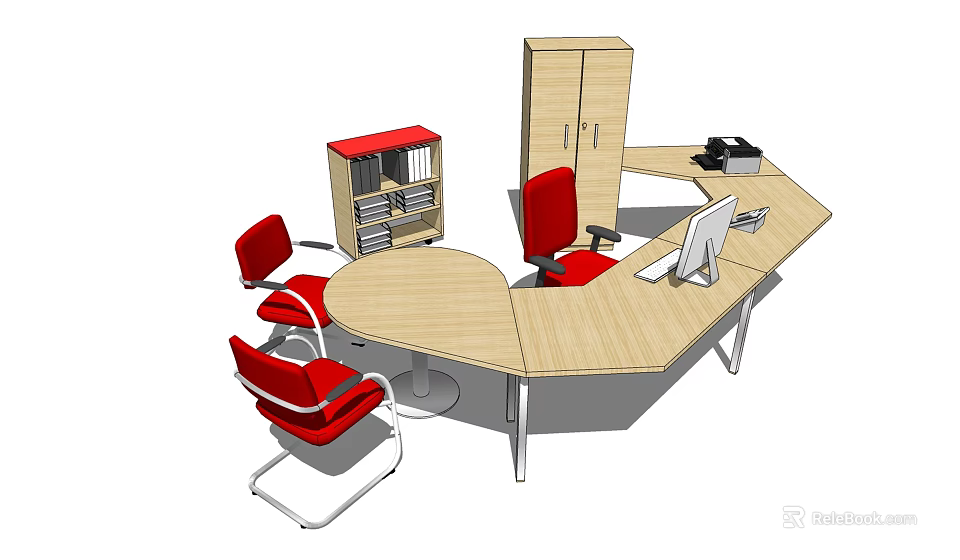 Light Wood L Shaped Office Desk With Red Chairs Computer Monitor Printer And Filing Cabinet 3d model 