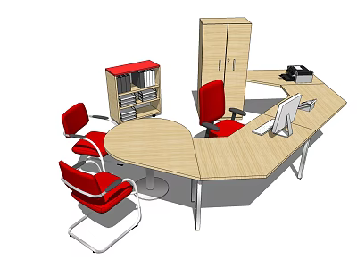 Light Wood L Shaped Office Desk With Red Chairs Computer Monitor Printer And Filing Cabinet 3d model