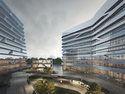 Modern Office Building Complex With Glass Facade Central Open Area Trees And Pathways 3d model