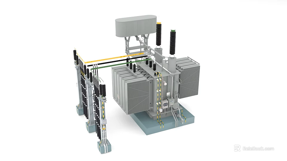 Industrial Factory Building Featuring Power Transformer Equipment Metal Structure and Connecting Cables 3d model 