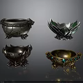 Intricate Metal Sculpture Carvings Of Decorative Bowls With Lotus Design And Gemstones