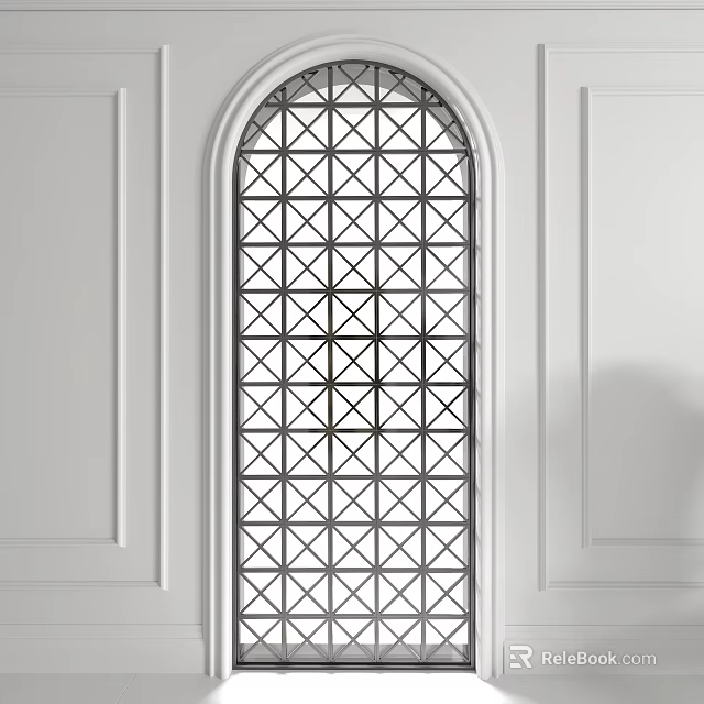 Arched Casement Window With Geometric Grid Pattern In Minimalist White Wall Interior 3d model 