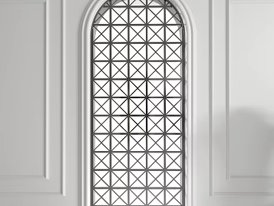 Arched Casement Window With Geometric Grid Pattern In Minimalist White Wall Interior 3d model