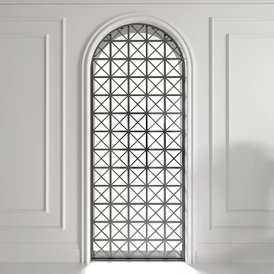 Arched Casement Window With Geometric Grid Pattern In Minimalist White Wall Interior 3d model