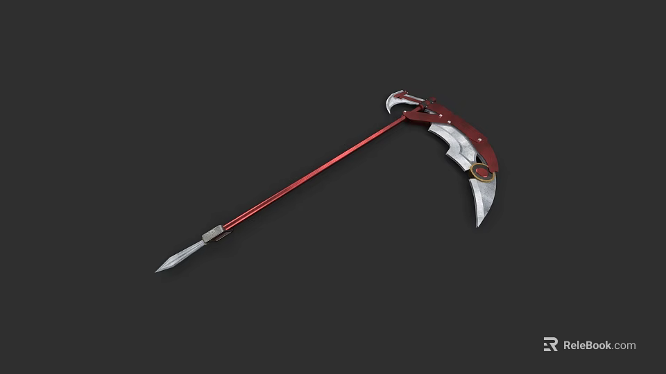 Scythe Weapon With Red Handle Silver Blade And Decorative Metal Design 3d model 
