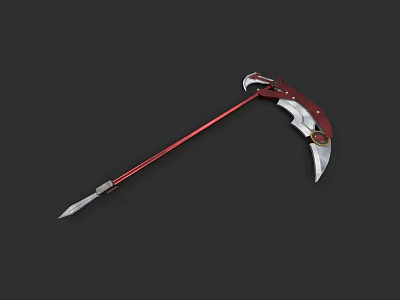 Scythe Weapon With Red Handle Silver Blade And Decorative Metal Design 3d model