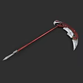 Scythe Weapon With Red Handle Silver Blade And Decorative Metal Design