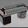 Modern Retail Display Shelf With Multicolored Cosmetic Products And Striped Pillars