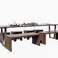 Modern Wooden Tea Table And Matching Stools With Tea Sets Placed On Top