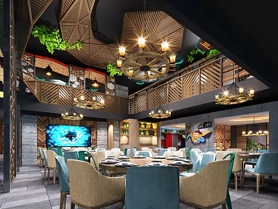 Elegant Modern Banquet Hall With Wooden Ceiling Chandeliers Green Plants And Dining Tables 3d model
