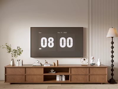 Modern TV Stand with Flat Screen TV Floor Lamp Decorative Items and Books 3d model