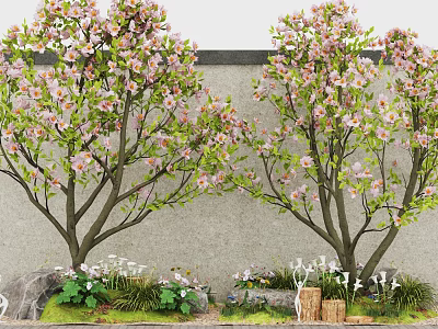 Garden Landscape With Pink Flowering Trees Gray Wall Stones Green Grass And White Flowers 3d model