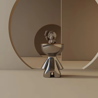 Modern Silver Metal Side Table With Small Decorative Ornament In Minimalist Space 3d model