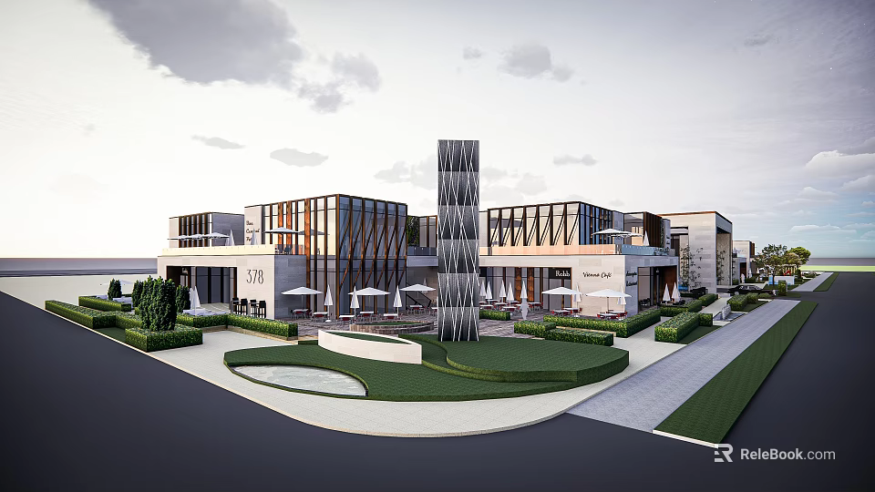 Modern Commercial Street With Glass Facade Iconic Tower Landscaped Gardens And Outdoor Seating 3d model 
