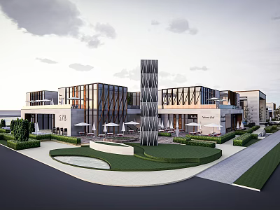 Modern Commercial Street With Glass Facade Iconic Tower Landscaped Gardens And Outdoor Seating 3d model