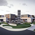 Modern Commercial Street With Glass Facade Iconic Tower Landscaped Gardens And Outdoor Seating