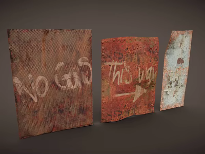 Vintage Rusty Metal Signs With Weathered Text And Directional Arrow Details 3d model