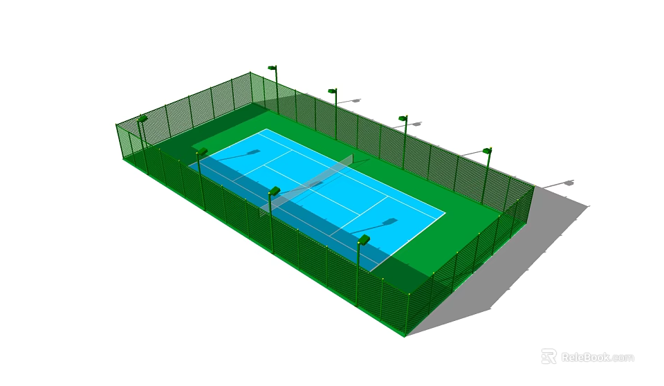 Outdoor Tennis Court with Fenced Perimeter Blue Surface Net and Lighting Poles for Fitness Activities 3d model 