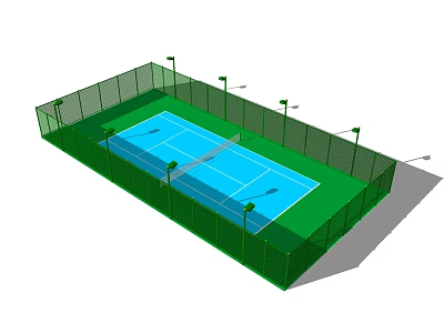 Outdoor Tennis Court with Fenced Perimeter Blue Surface Net and Lighting Poles for Fitness Activities 3d model