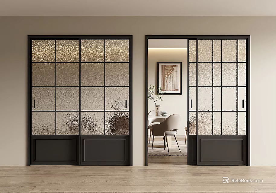 Modern Black Framed Sliding Doors With Patterned Glass In Interior Design Connecting Dining Space 3d model