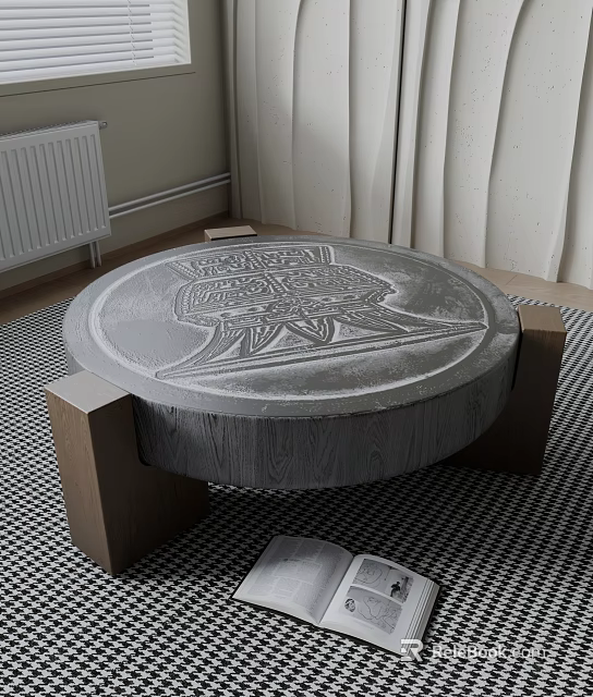 Round Coffee Table With Intricate Carved Surface And Wooden Base On Checkered Rug 3d model 