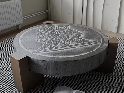Round Coffee Table With Intricate Carved Surface And Wooden Base On Checkered Rug 3d model