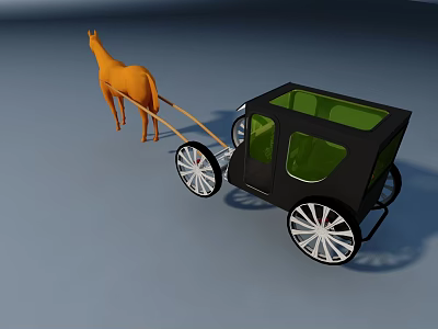 Orange Horse Pulling Black Carriage With Green Windows And Wheels 3d model