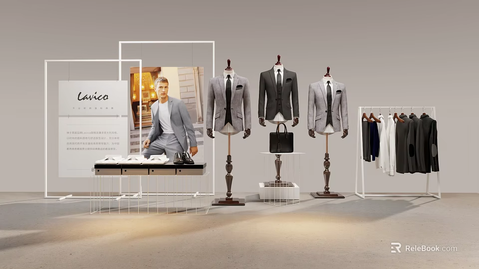 Levico Men's Clothing Display Area With Suits Shirts Mannequins Briefcase And Racks 3d model 
