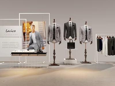 Levico Men's Clothing Display Area With Suits Shirts Mannequins Briefcase And Racks 3d model
