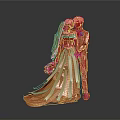 Elegant Golden Bride And Groom Sculpture With Flowing Metallic Dress And Bouquet