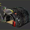 Tire Shaped Living Playhouse With Green Hatted Cartoon Figure Stacked Tires Checkered Flags Red Cabinet