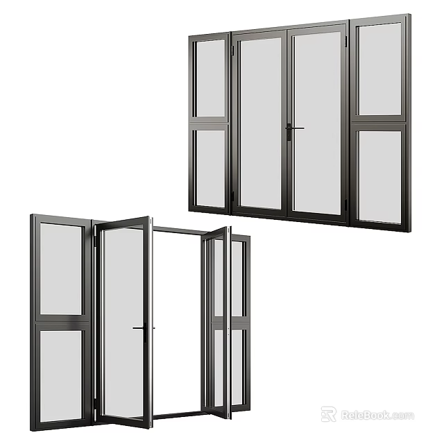 Sleek Black Frame Sliding Doors With Glass Panels And Modern Design For Home 3d model 