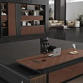 Modern Office Desk With Laptop Black Table Lamp Decorative Items Bookshelf Sofa And Indoor Plants