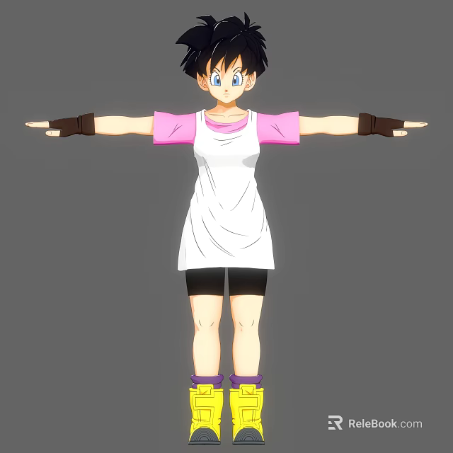 Anime Game Character Short Black Hair White Tank Top Pink Sleeves Black Shorts Arms Outstretched 3d model 