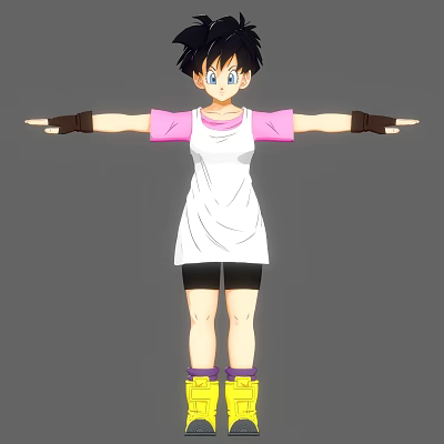 Anime Game Character Short Black Hair White Tank Top Pink Sleeves Black Shorts Arms Outstretched 3d model