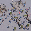 Crowd of People Queuing Near Barriers with White Buildings and Blue Sky