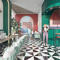 Stylish Green Cafe Interior With Black White Checkered Floor Blue Chairs Red Arch And Green Plants