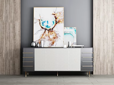 Modern Entryway Cabinet Sideboard With Gray Body Gold Handles And Decorative Wall Paintings 3d model