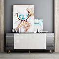 Modern Entryway Cabinet Sideboard With Gray Body Gold Handles And Decorative Wall Paintings
