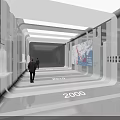 Modern Exhibition Space With White Curved Structures Floor Marked 2000 And People Walking Inside