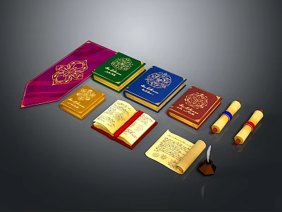 Vintage Books And Scrolls Collection With Decorative Covers Open Manuscript And Inkwell 3d model