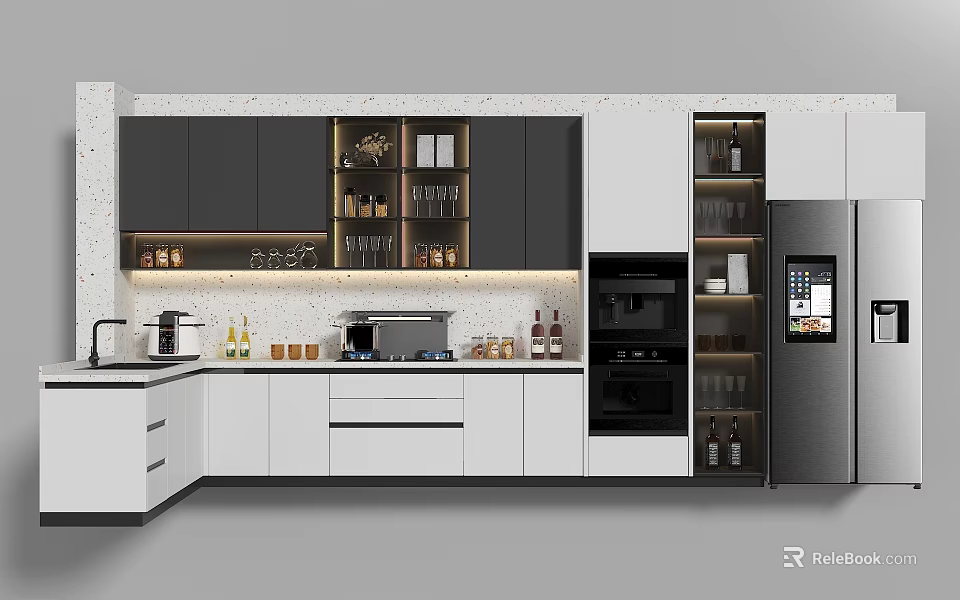 Modern Kitchen Interior Design With Black White Cabinets Island Countertop And Appliances 3d model 